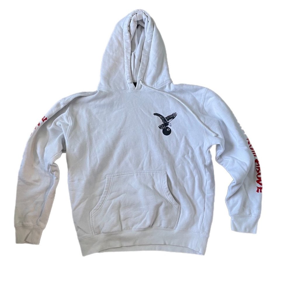 Obey White Hoodie With Eagle and “Death From Above” Lettering Size: Medium